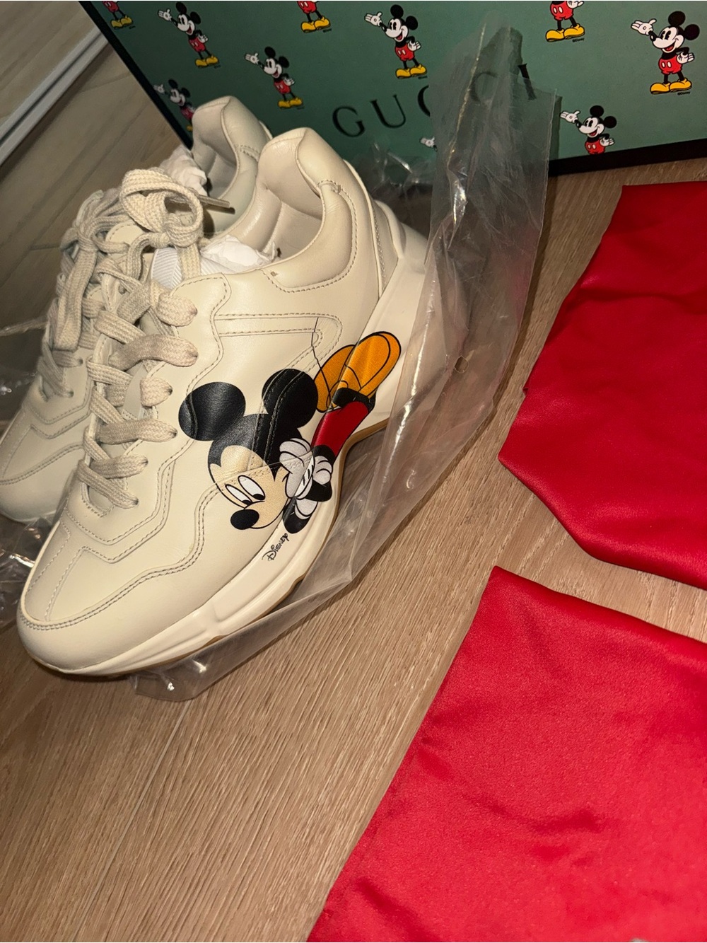 Gucci Cream Leather Sneakers with Black, Yellow & Red Mickey Graphic